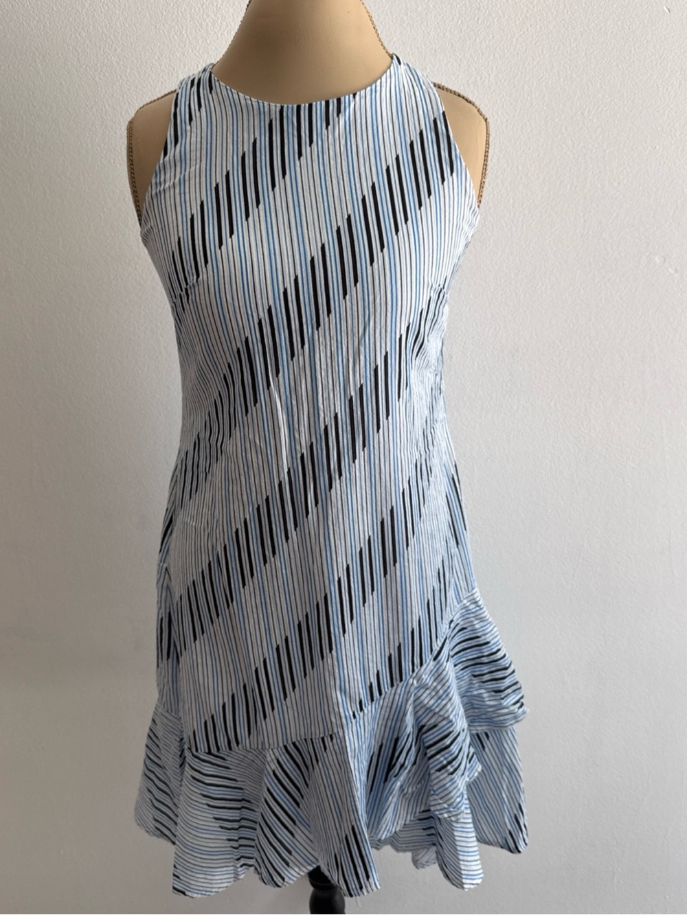 London Times Blue & White Diagonal-Stripe Ruffle-Hem Mini Dress